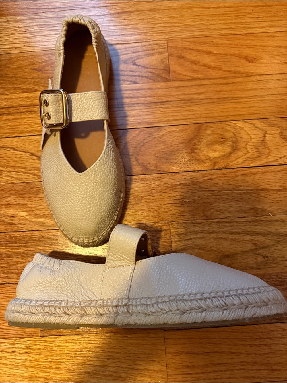Cream Leather Mary Jane Espadrilles with Gold Buckle - Picture 2 of 7
